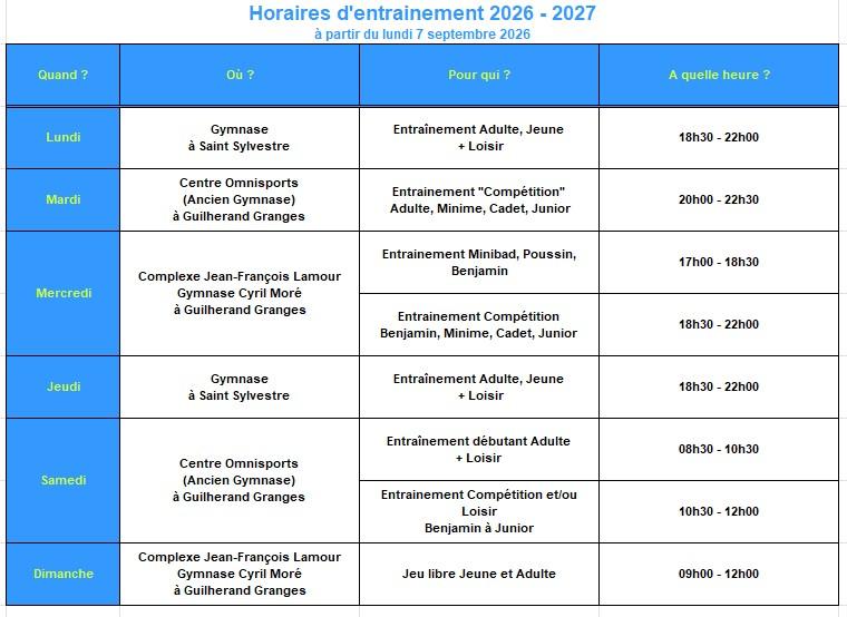 Horaires entrainements 2026 2027